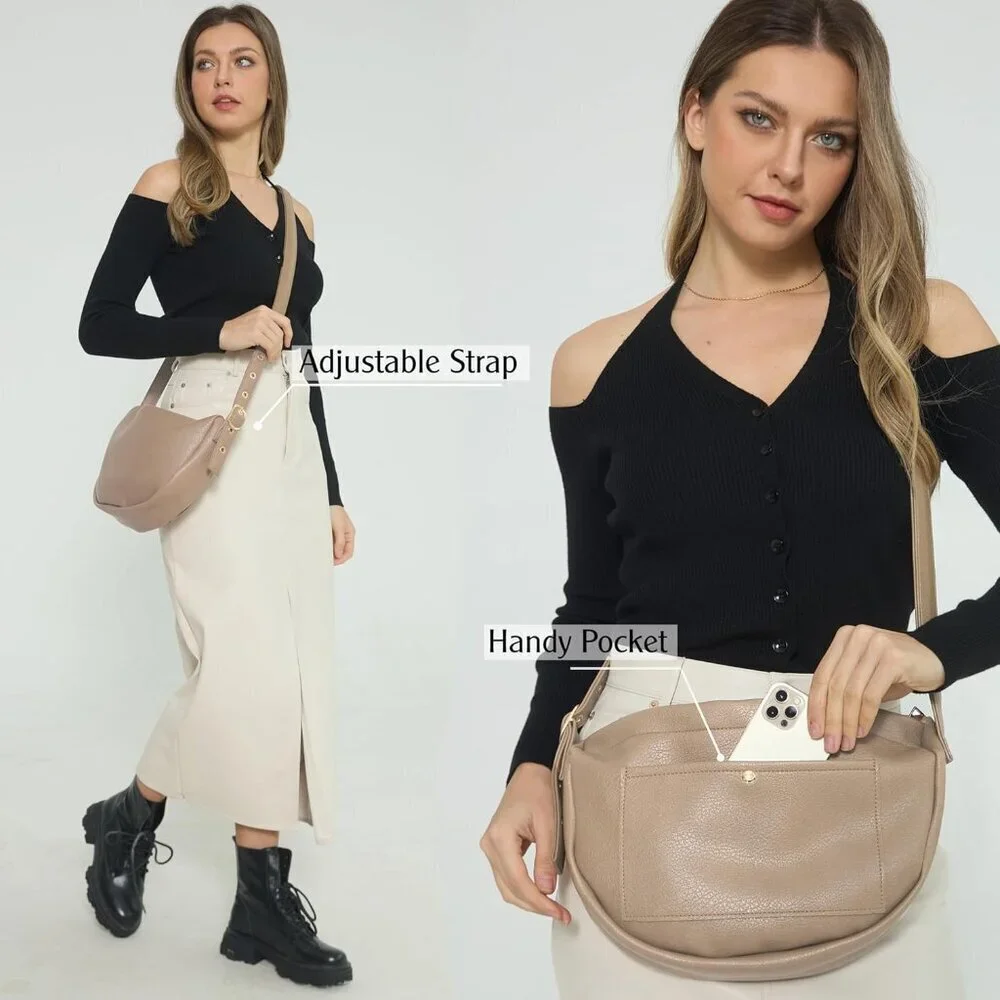 Women's Vegan Leather Crescent Crossbody Bag Slouchy Hobo with Adjustable Strap